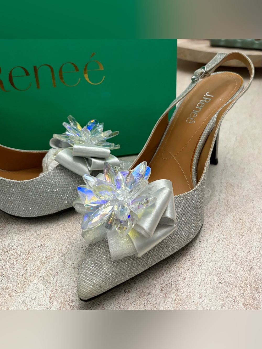 J.Renee Silver Iridescent Crystal-Accent Pointed Slingback Heels